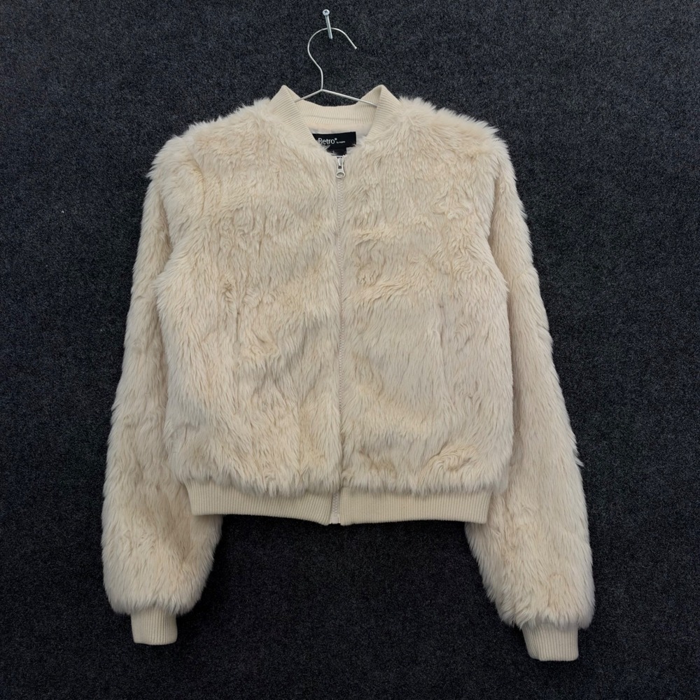 Retro by Mejane Vintage Faux Fur Bomber Jacket Cream Small Zip Up Ribbed Trim